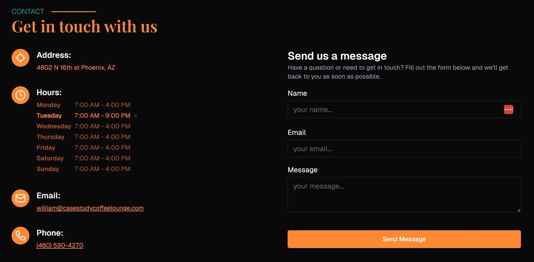 Case Study Coffee Lounge store hours section